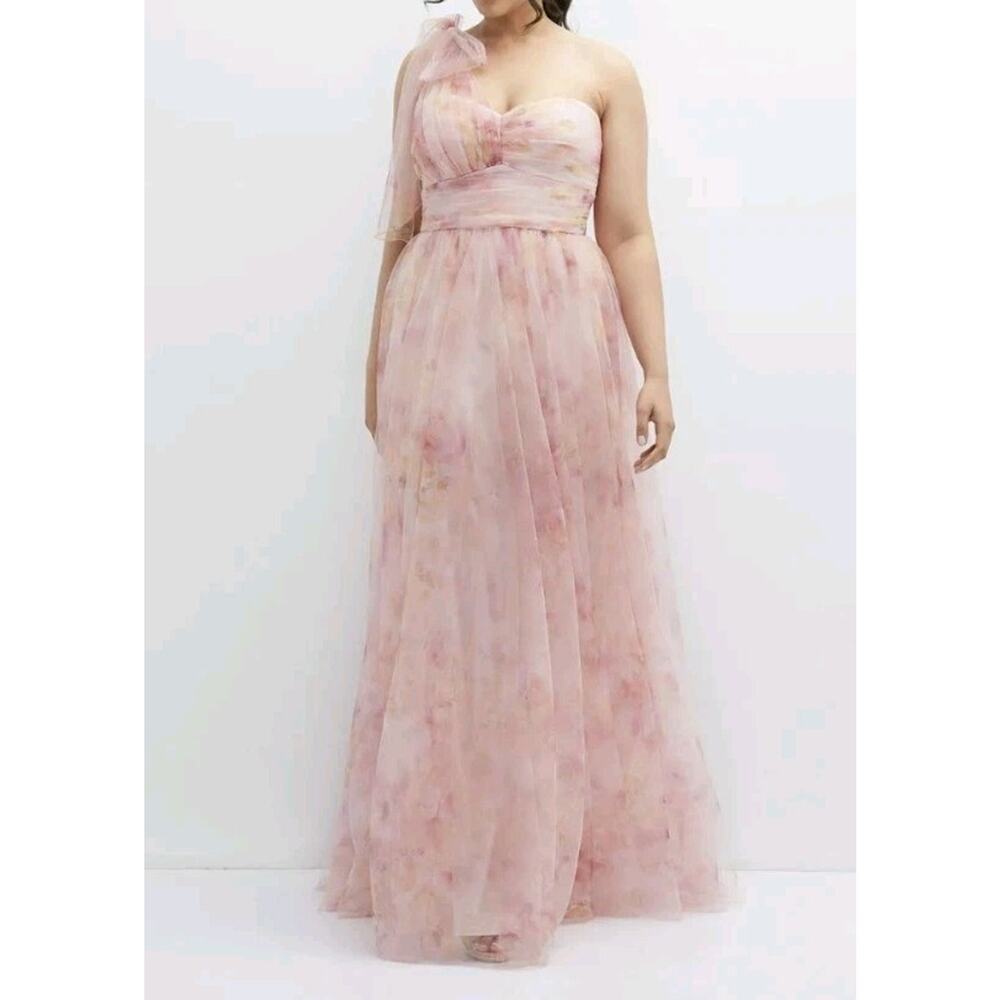 Dessy Collection Floral Scarf Tie One-Shoulder Rose Long Tulle Dress Size 8